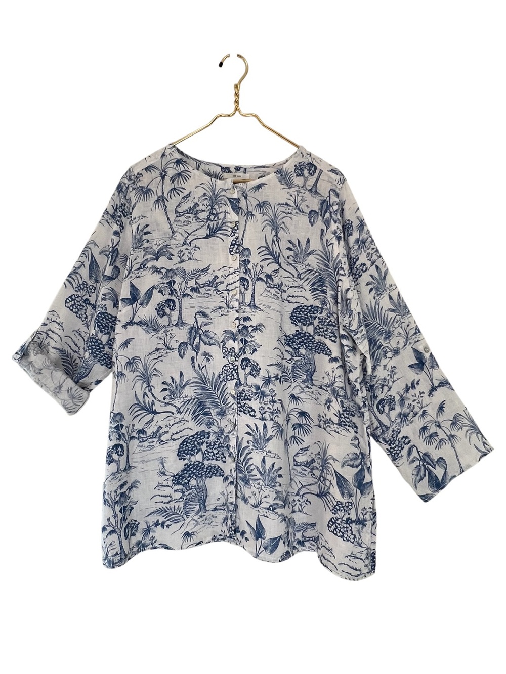 Nicole Miller 100% Linen Tropical Toile Button Front Blouse Blue White 1X